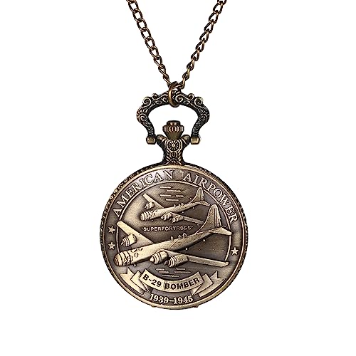 JewelryWe Taschenuhr mit Kette Uhren Herren - Vintage US Luftwaffe Luftstreitkräfte B-26 Bomber Taschenuhr Analog Quarz Kettenuhr Uhranhänger mit Halskette für Männer Bronze von JewelryWe