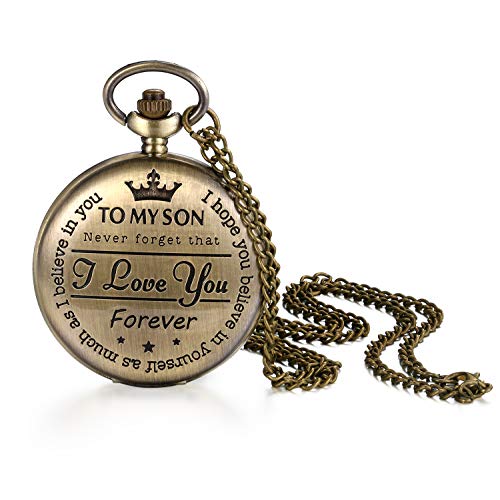 JewelryWe Taschenuhr to My Son Kettenuhr Analog Quarz Uhr mit Halskette Kette Pocket Watch Graduierung Geschenk für Sohn Kinder Jungen von JewelryWe