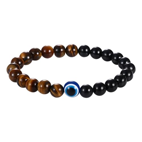 JewelryWe Teufelsauge Armband Tigerauge Perlenarmband: Schwarz Turmalin Tigerauge Perlen Armbänder mir Bösem Blick Auge Damen Naturstein Stretch-Armband Evil Eye Elastisch Armreif Glücksarmband Unisex von JewelryWe