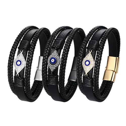 JewelryWe Teufelsauge Lederarmband Herren Armband: 3er Set Schwarz Leder Geflochten Armband mit Bösem Blick Auge Punk Evil Eye Dreireihig Handgewebt Manschette Armreif mit Edelstahl Schließe von JewelryWe