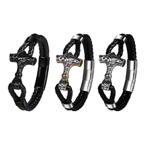 JewelryWe Thors Hammer Lederarmband Herren: 3 Stück Wikinger Mjölnir Schwarz Leder Geflochten Armband Armreif mit Edelstahl Magnetverschluss Viking Nordisch Schmuck Geschenk für Männer von JewelryWe