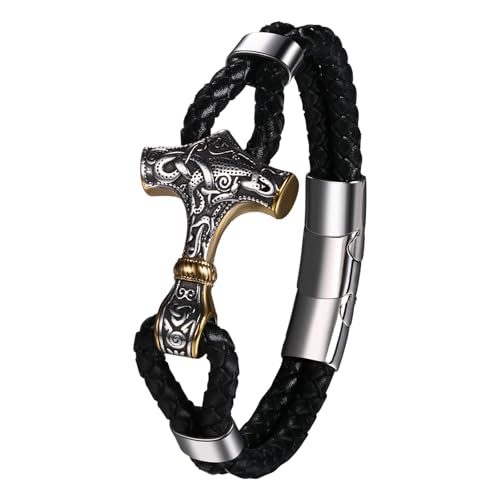 JewelryWe Thors Hammer Lederarmband Herren: Wikinger Gold-Silber Mjölnir Schwarz Leder Geflochten Armband Armreif mit Edelstahl Magnetverschluss Viking Nordisch Schmuck Geschenk von JewelryWe