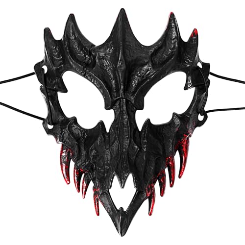 JewelryWe Tier Skelett Maske Halloween: Schwarz Gothic Drachen Schädel Knochen Blutige Zähne Anime Horror Maske Drachenmaske Japanische Maskerade Maske Halbmaske für Karneval Fasching Party Kostüm von JewelryWe