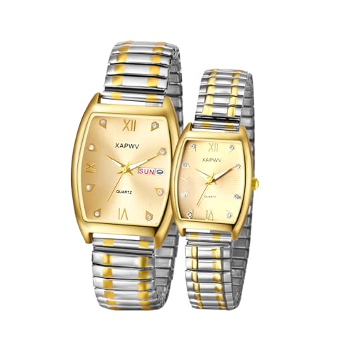 JewelryWe Tonneau Elastische Uhr für Paare: 2pcs Kalender Analog Quarz Partner Armbanduhr Gold Silber Edelstahl Stretch Armband Rechteckige Uhren mit Zugarmband & Römischen Ziffern Diamantskala von JewelryWe