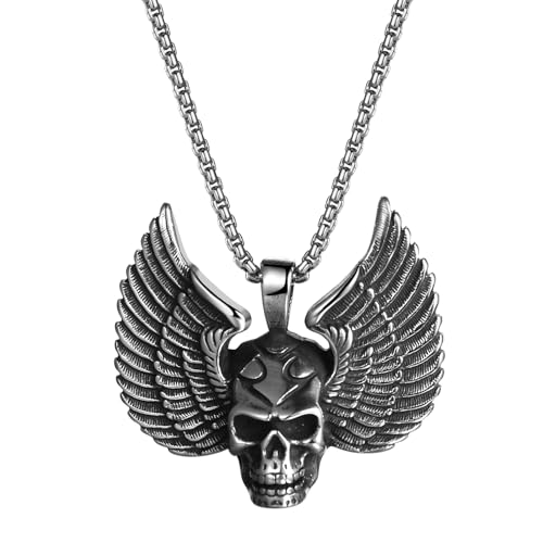 JewelryWe Totenkopf Engelsflügel Halskette Herren: Edelstahl Große Gefallene Engel Flügel Schädel Geisterkopf Anhänger Kette Punk Gothic Halloween Party Schmuck Geschenk für Männer Silber von JewelryWe