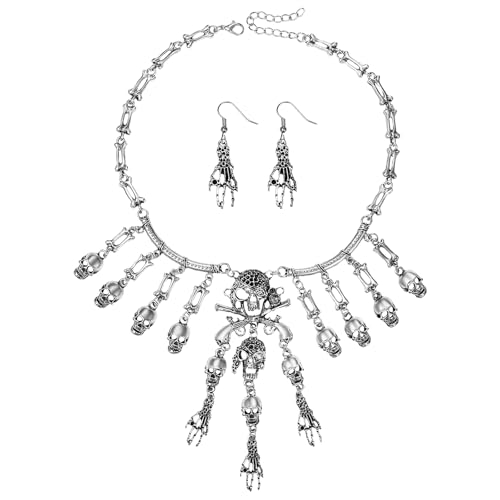 JewelryWe Totenkopf Halskette Ohrringe 3er Set: Silber Halloween Gothic Schmuckset Vintage Piraten Schädel Skelett Hand Quaste Anhänger Kette mit Ohrringe Schmuck Set Damen Horror Kostüm Accessoires von JewelryWe