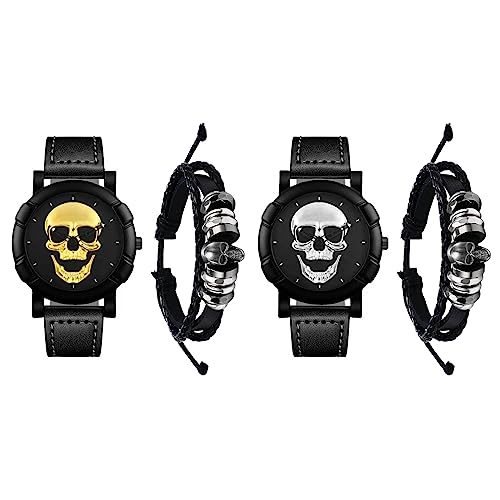 JewelryWe Totenkopf Herrenuhr Lederarmband Halloween Set - 4 Stück Schädel Analog Quarz Armbanduhr Steampunk Schwarz Totenkopf Geflochten Leder Armband Uhr Armreif Schmuckset für Herren Männer von JewelryWe