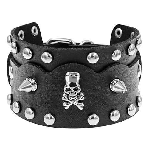 JewelryWe Totenkopf Lederarmband Herren Armband: Punk Gothic Breit Leder Armreif mit Piraten Schädel Spike Nieten Kegelnieten Verstellbar Geflochten Maschette Halloween Nietenarmband Schwarz von JewelryWe