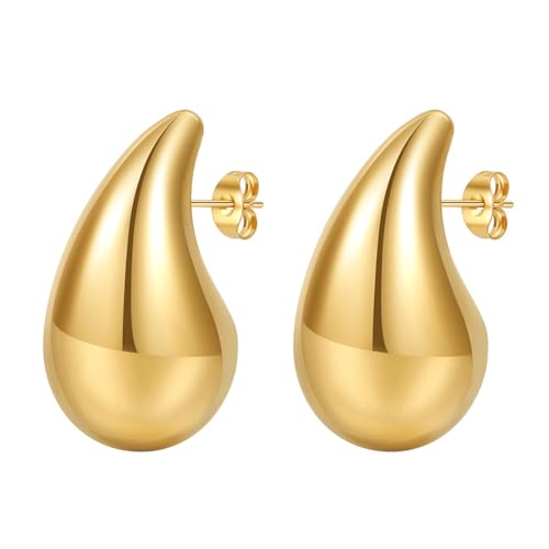 JewelryWe Tropfen Ohrstecker Damen Edelstahl: Gold Groß Leicht Wassertropfen Ohrringe Hypoallergen Chunky Teardrop Waterdrop Ohrstecker Dicke Hoop Stecker Creolen Schmuck Geschenk Für Frauen Mädchen von JewelryWe