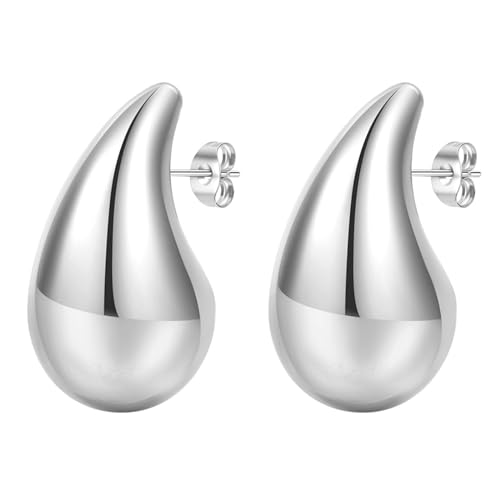 JewelryWe Tropfen Ohrstecker Damen Edelstahl: Silber Groß Leicht Wassertropfen Ohrringe Hypoallergen Chunky Teardrop Waterdrop Ohrstecker Dicke Hoop Stecker Creolen Schmuck Geschenk Für Frauen Mädchen von JewelryWe