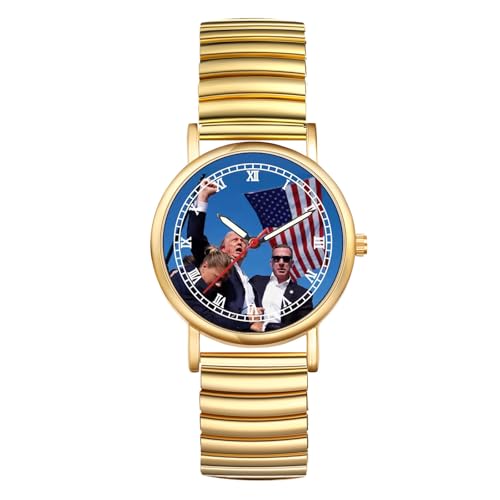JewelryWe Trump-Attentat Uhr Elastische Armbanduhr: Donald Trump Survived Shot Fist Raised Analog Quarz Armbanduhr Herren Damen Gold Edelstahl Stretchband römische Ziffern Lässige Uhr von JewelryWe