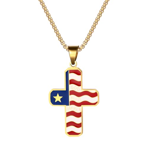 JewelryWe US Flagge Kreuz Halskette: Gold Edelstahl Amerikanische Flagge Stern Streifen Kreuz Anhänger Kette mit Gravur GOD Bless America Religiöse Christliche Schmuck Geschenk für Herren Damen von JewelryWe
