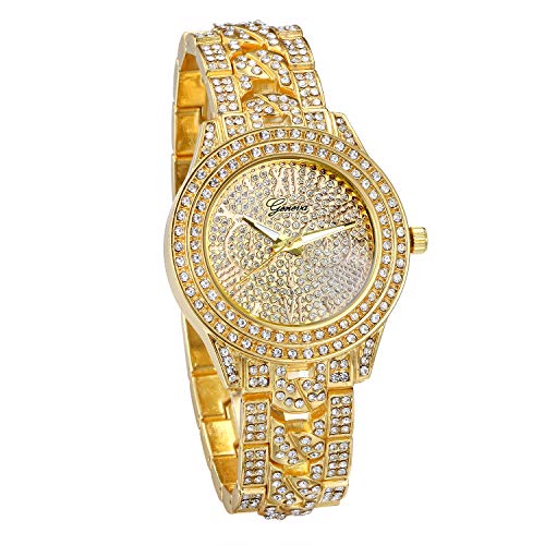 JewelryWe Uhr Damen Herren Elegant Armbanduhr mit Strass Glitzer Metallarmband Analog Quarz Uhr Muttertag Gold von JewelryWe