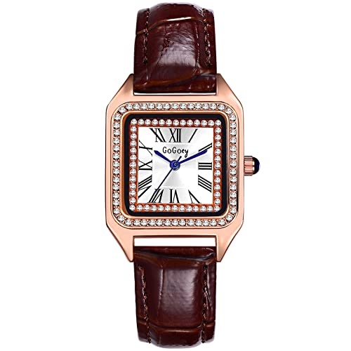 JewelryWe Uhren Damen Analog Quarz Armbanduhr Elegant Strass Römische Ziffern Rechteckig Leder Armband Beiläufige Uhr für Frauen Mädchen Braun von JewelryWe