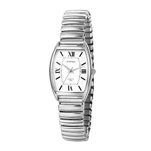 JewelryWe Uhren Damen Analog Quarz Armbanduhr Klassisch Einfach Rechteckig Elastisch Legierung Armband Beiläufige Uhr Damenuhr mit Römischen Ziffern Zifferblatt Silber von JewelryWe