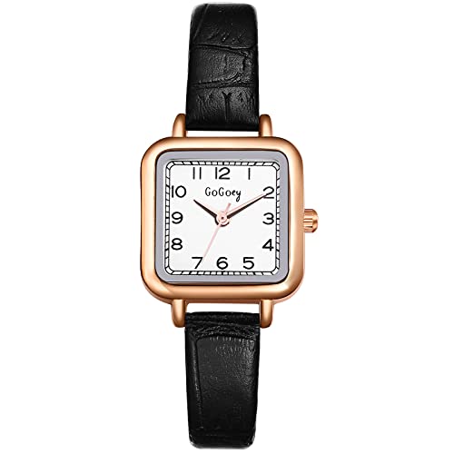 JewelryWe Uhren Damen Analog Quarz Armbanduhr Klassisch Zeitlos Einfach Quadratisch Leder Armband Slim Uhr für Frauen Mädchen Schwarz von JewelryWe
