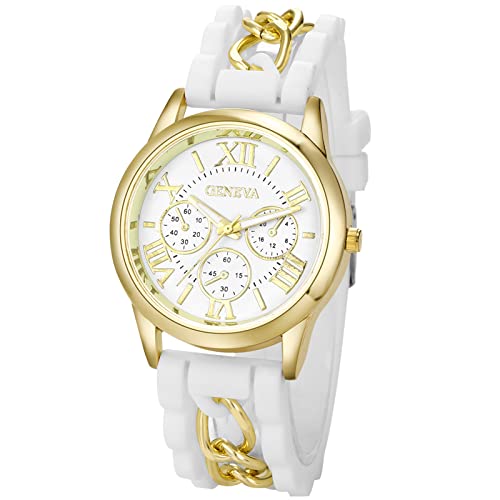 JewelryWe Uhren Damen Analog Quarz Armbanduhr Römische Ziffern Beiläufige Uhr mit Panzekette Kette Silikon Armband Weiß JewelryWe Uhren Damen Analog Quarz Armbanduhr Römische Ziffern Beiläufige Uhr mit Panzekette Kette Silikon Armband Weiß von JewelryWe