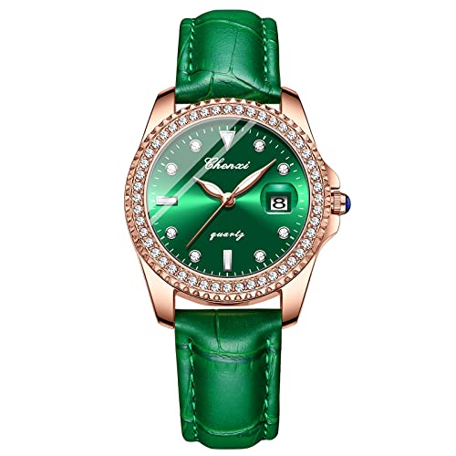 JewelryWe Uhren Damen Analog Quarz Armbanduhr Strass Datum Kalender 30m Wasserdicht Geschäfts Beiläufige Uhr mit Echtleder Leder Armband und Leuchtend Zeiger Grün JewelryWe Uhren Damen Analog Quarz Armbanduhr Strass Datum Kalender 30m Wasserdicht Geschäfts Beiläufige Uhr mit Echtleder Leder Armband und Leuchtend Zeiger Grün von JewelryWe