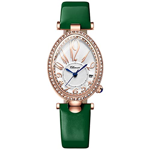 JewelryWe Uhren Damen Analog Quarz Datum Kalender 30m Wasserdicht Armbanduhr Elegant Strass Oval Beiläufige Uhr mit Echtleder Leder Armband Grün JewelryWe Uhren Damen Analog Quarz Datum Kalender 30m Wasserdicht Armbanduhr Elegant Strass Oval Beiläufige Uhr mit Echtleder Leder Armband Grün von JewelryWe