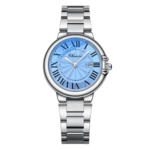 JewelryWe Uhren Damen Edelstahl Damenuhr: Klassische Datum Kalender 30m Wasserdicht Analog Quarz Armbanduhr Frauen Silber Edelstahl Armband Uhr mit Blau Römischen Ziffern Zifferblatt von JewelryWe