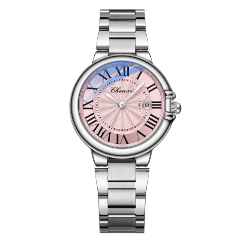 JewelryWe Uhren Damen Edelstahl Damenuhr: Klassische Datum Kalender 30m Wasserdicht Analog Quarz Armbanduhr Frauen Silber Edelstahl Armband Uhr mit Pink Römischen Ziffern Zifferblatt von JewelryWe