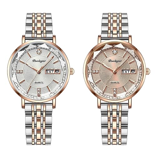 JewelryWe Uhren Damen Edelstahl Kalender - 2pcs Elegant Rosegold/Silber Zifferblatt Analog Quarz Armbanduhr Frauen Woche Datum Kalender 30m wasserdichte Uhr mit Edelstahl Armband und Leuchtzeiger von JewelryWe