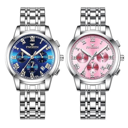 JewelryWe Uhren Damen Edelstahl Leuchtzeiger: 2pcs Datum Kalender 30m Wasserdicht Analog Quarz Armbanduhr Frauen Silber Edelstahl Armband Uhr Damenuhr mit Rosa/Blau Römischen Ziffern Zifferblatt von JewelryWe