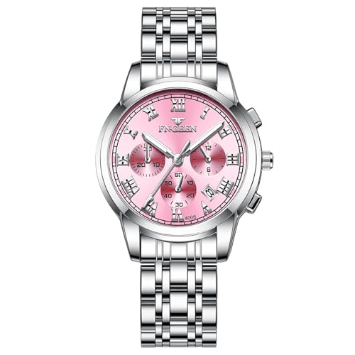 JewelryWe Uhren Damen Edelstahl Leuchtzeiger: Datum Kalender 30m Wasserdicht Analog Quarz Armbanduhr Frauen Silber Edelstahl Armband Uhr Damenuhr mit Rosa Römischen Ziffern Zifferblatt von JewelryWe