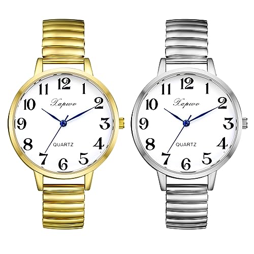 JewelryWe Uhren Damen Elastisch Metallarmband - 2pcs Gold/Silber Klassische Ultradünne Analog Quarz Armbanduhr Frauen Legierung Stretch-Armband Uhr mit großem runden Zifferblatt von JewelryWe