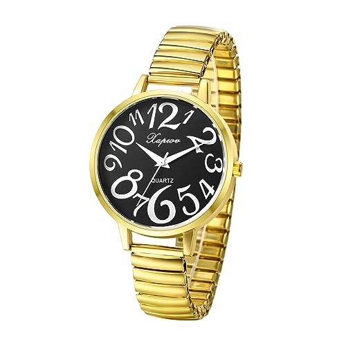 JewelryWe Uhren Damen Elastisch Metallarmband - Gold Ultradünne Analog Quarz Armbanduhr Frauen Legierung Stretch-Armband Uhr mit großen Arabischen Zahlen Schwarz Zifferblatt von JewelryWe