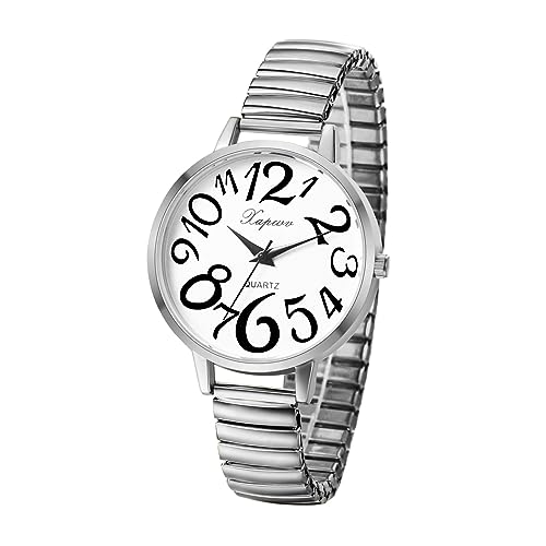 JewelryWe Uhren Damen Elastisch Metallarmband - Silber Ultradünne Analog Quarz Armbanduhr Frauen Legierung Stretch-Armband Uhr mit großen Arabischen Zahlen Weiß Zifferblatt JewelryWe Uhren Damen Elastisch Metallarmband - Silber Ultradünne Analog Quarz Armbanduhr Frauen Legierung Stretch-Armband Uhr mit großen Arabischen Zahlen Weiß Zifferblatt von JewelryWe