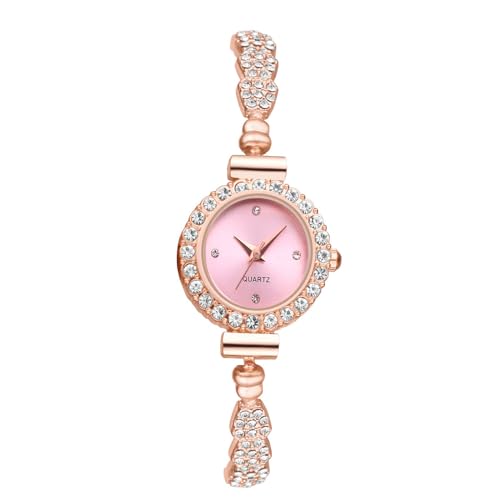 JewelryWe Uhren Damen Glitzer Strass: Analog Quarz Armbanduhr Frauen Bling Ultradünne Kleine Lässige Uhr Damenuhr mit Rosegold Schmal Metall-Armband und Rosa Rundem Zifferblatt von JewelryWe