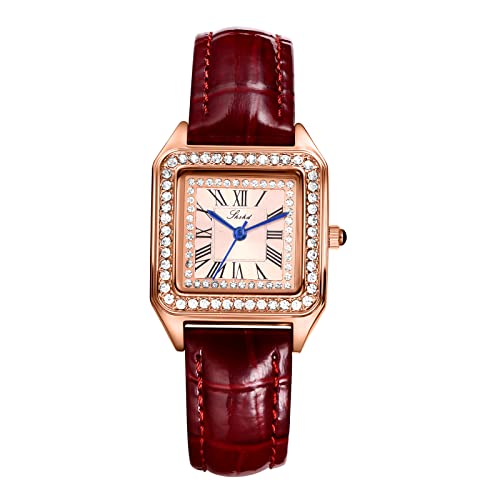 JewelryWe Uhren Damen Analog Quarz 30m wasserdichte Armbanduhr Klassisch Quadrat Strass Römische Ziffern Leder Band Geschäfts Beiläufige Uhr für Frauen Mädchen Braun von JewelryWe