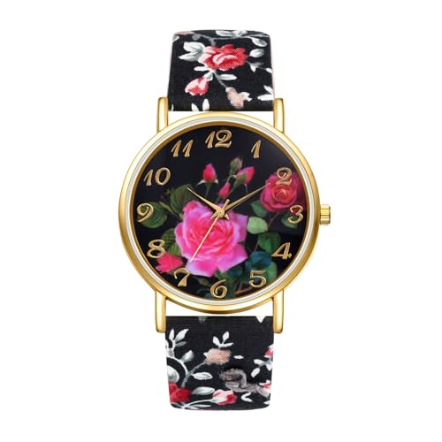 JewelryWe Uhren Damen Leder Blumen: Rot Schwarz Böhmische Blumendruck Analog Quarz Armbanduhr Frauen Mädchen Lässige Uhr mit Rundem arabischen Ziffern Zifferblatt und Bedruckt Leder Armband von JewelryWe