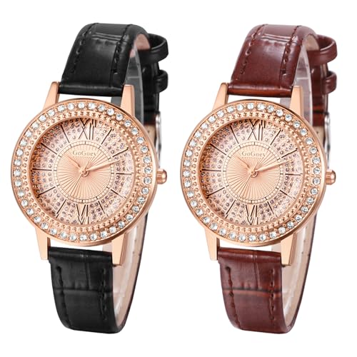 JewelryWe Uhren Damen Leder Damenuhr: 2pcs Bling Diamant Analog Quarz Armbanduhr Frauen Leder Armband Uhr mit Glitzer Strass Rundem Zifferblatt von JewelryWe