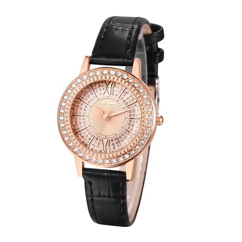JewelryWe Uhren Damen Leder Damenuhr: Bling Diamant Analog Quarz Armbanduhr Frauen Schwarz Leder Armband Uhr mit Glitzer Strass Rundem Zifferblatt von JewelryWe