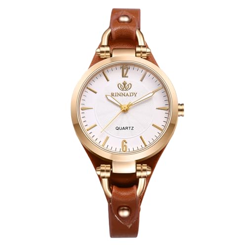 JewelryWe Uhren Damen Leder Klein: Braun Vintage Klassische Analog Quarz Armbanduhr Frauen Geschäft Lässige Uhr Damenuhr mit Punk Schmal Dünnem Leder Armband von JewelryWe