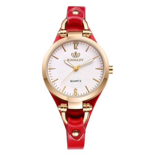 JewelryWe Uhren Damen Leder Klein: Rot Vintage Klassische Analog Quarz Armbanduhr Frauen Geschäft Lässige Uhr Damenuhr mit Punk Schmal Dünnem Leder Armband von JewelryWe