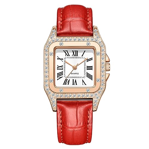 JewelryWe Uhren Damen Leder Quadratisch - Elegant Glitzer Strass Analog Quarz Armbanduhr Frauen Lässige Uhr mit Quadratischem Römischen Ziffern Zifferblatt und Rot Leder Armband von JewelryWe