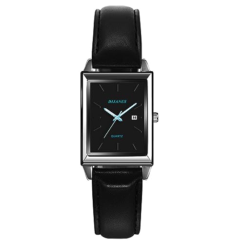 JewelryWe Uhren Damen Leder Rechteckig - Elegant Datum Kalender Analog Quarz Armbanduhr Frauen Lässige Uhr mit Rechteckigem Zifferblatt und Schwarz Leder Armband von JewelryWe