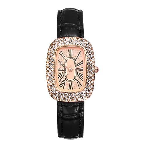 JewelryWe Uhren Damen Leder Rechteckig - Elegant Glitzer Strass Analog Quarz Armbanduhr Frauen Lässige Uhr mit Rechteckigem Römischen Ziffern Zifferblatt und Schwarz Leder Armband von JewelryWe