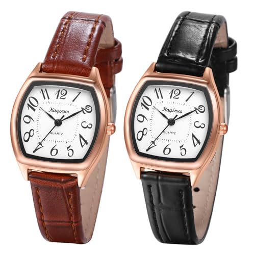 JewelryWe Uhren Damen Leder Rechteckig: 2pcs Vintage Exquisite Analog Quarz Armbanduhr Frauen Schmal Leder Armband Uhr Damenuhr mit großen Arabischen Ziffern Rechteck Zifferblatt von JewelryWe