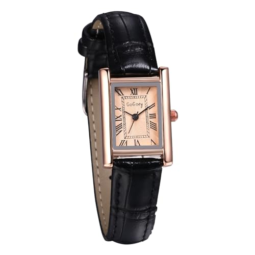 JewelryWe Uhren Damen Leder Rechteckig: Vintage Analog Quarz Armbanduhr Frauen Schwarz Leder Armband Uhr Kleine Damenuhr mit Rosegold Rechteck Römischen Zahlen Zifferblatt von JewelryWe