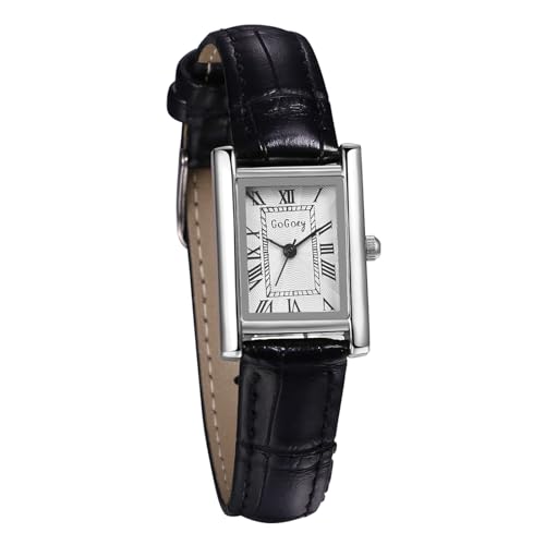 JewelryWe Uhren Damen Leder Rechteckig: Vintage Analog Quarz Armbanduhr Frauen Schwarz Leder Armband Uhr Kleine Damenuhr mit Silber Rechteck Römischen Zahlen Zifferblatt von JewelryWe