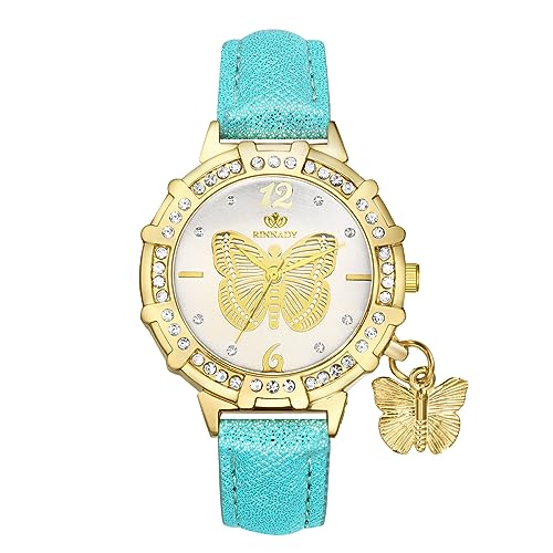 JewelryWe Uhren Damen Leder Schmetterling - Elegant Boho Schmetterling Glitzer Strass Armbanduhr Frauen Analog Quarz Uhr mit Blau Leder Armband von JewelryWe