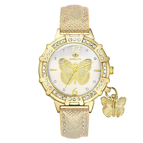 JewelryWe Uhren Damen Leder Schmetterling - Elegant Boho Schmetterling Glitzer Strass Armbanduhr Frauen Analog Quarz Uhr mit Gold Leder Armband von JewelryWe