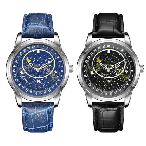 JewelryWe Uhren Damen Leder Sternenhimmel - 2pcs Schwarz/Blau Elegant Analog Quarz Armbanduhr Frauen Männer Leder Armband Uhr mit Sternengalaxie Zifferblatt von JewelryWe