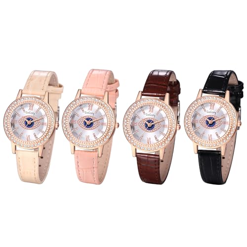 JewelryWe Uhren Damen Leder Strass: 4 Stück Böser Blick Glitzer Diamant Analog Quarz Armbanduhr Frauen Böhmische Lässige Uhr mit Bling Auge Evil Eye Römischen Ziffern Zifferblatt und Leder Armband von JewelryWe