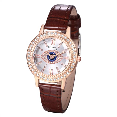 JewelryWe Uhren Damen Leder Strass: Braun Böser Blick Glitzer Diamant Analog Quarz Armbanduhr Frauen Böhmische Lässige Uhr mit Bling Auge Evil Eye Römischen Ziffern Zifferblatt und Leder Armband von JewelryWe