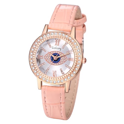 JewelryWe Uhren Damen Leder Strass: Rosa Böser Blick Glitzer Diamant Analog Quarz Armbanduhr Frauen Böhmische Lässige Uhr mit Bling Auge Evil Eye Römischen Ziffern Zifferblatt und Leder Armband von JewelryWe